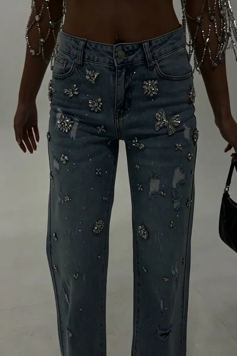 Women's Nail Drill Scratch Casual Jeans