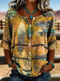 Women's Retro Feather Print Casual Hollow-out Denim Shirt