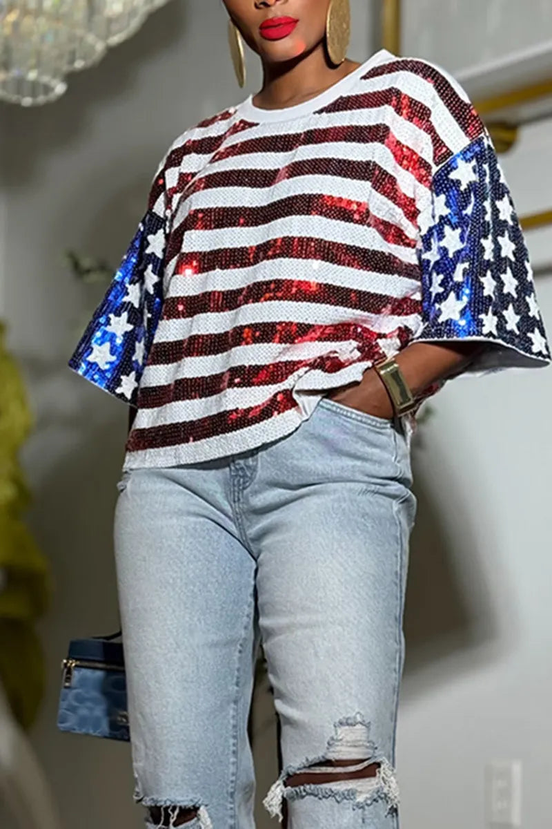 Women's Casual Pattern Sequin Loose T-Shirt