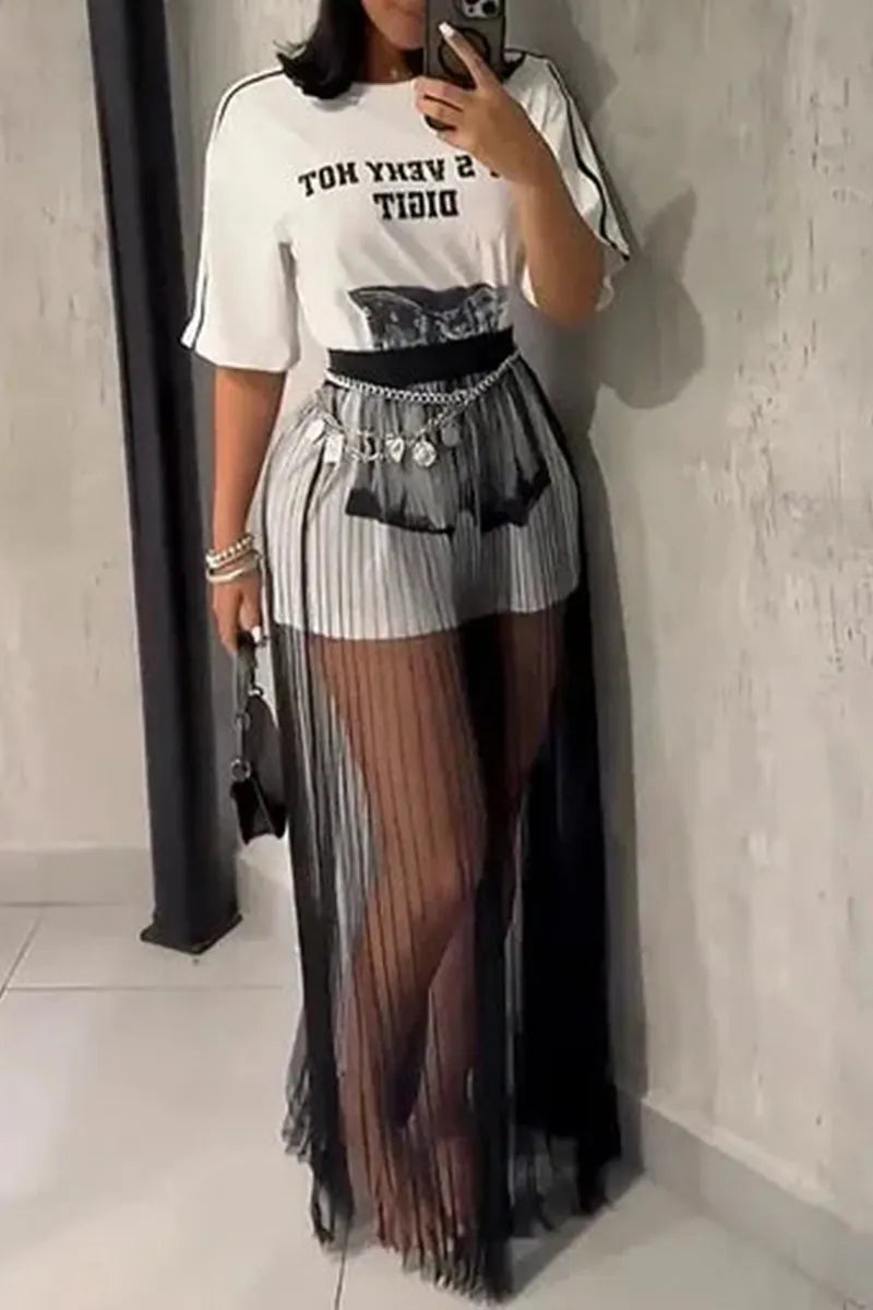 Women's Elegant Casual Round Neck Printed Top or See Through Skirt