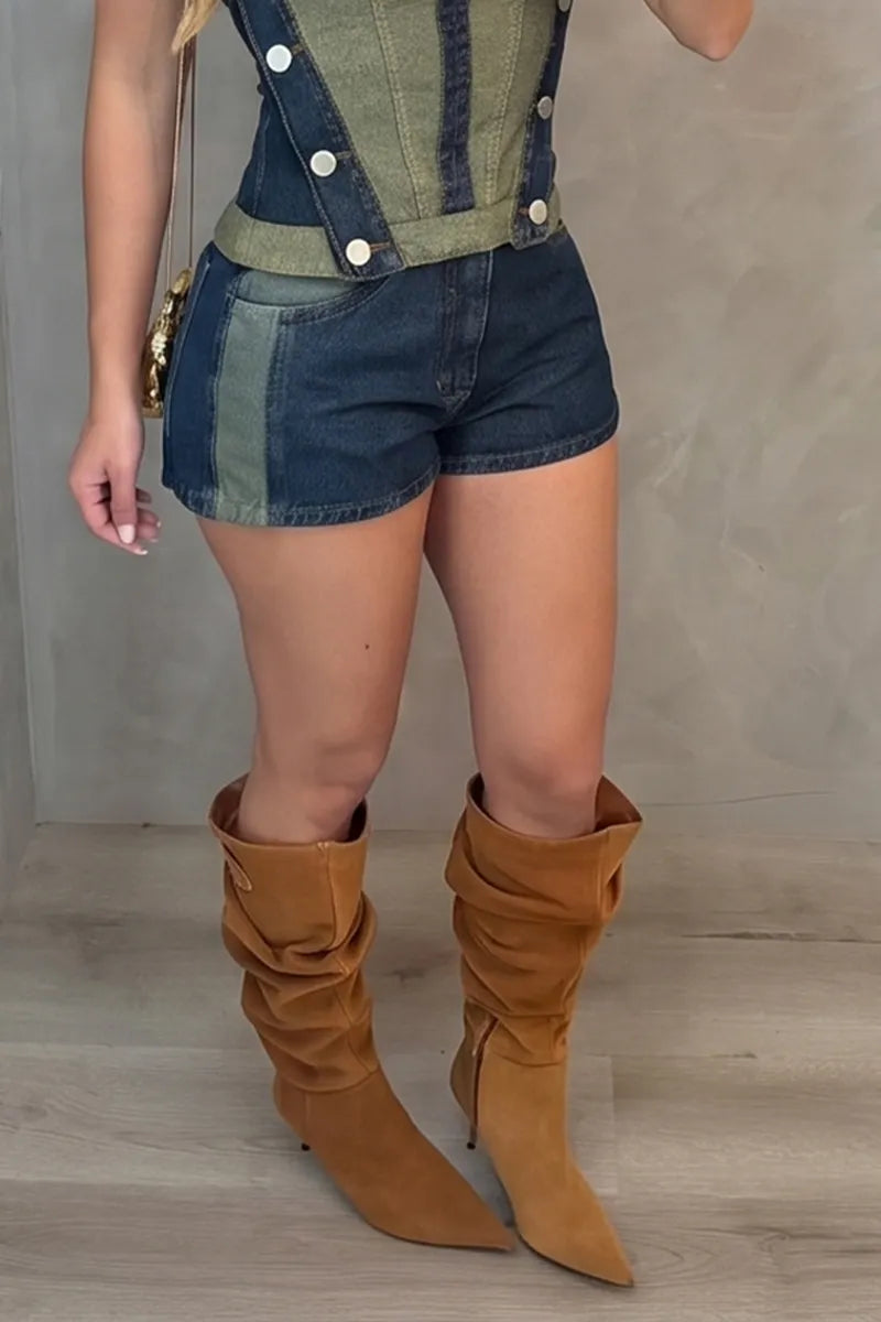 Women's Casual Color Block Denim Bustier or Cropped Jeans