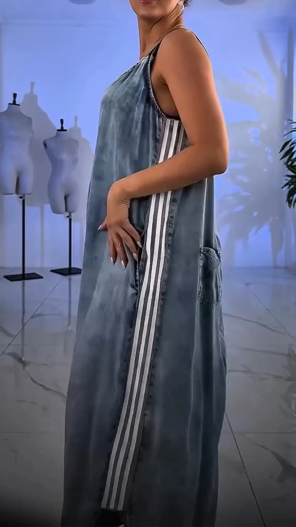 Ladies' Spaghetti Straps with Vertical Stripes for Casual and Loose Fit Dress