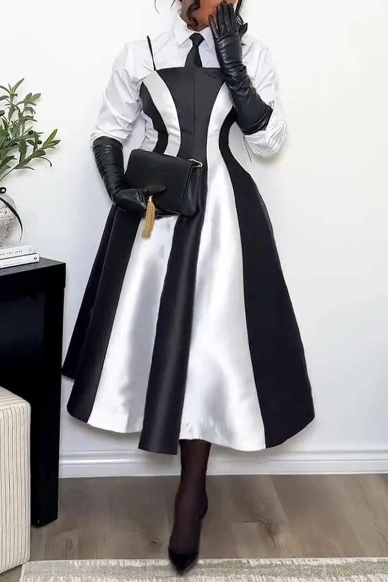 Women's Elegant Temperament Collar Shirt or Camisole Waist Cinching Contrasting Dress