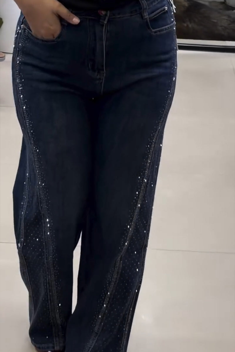 Women's Casual Side Shiny Rhinestone Decoration Jeans