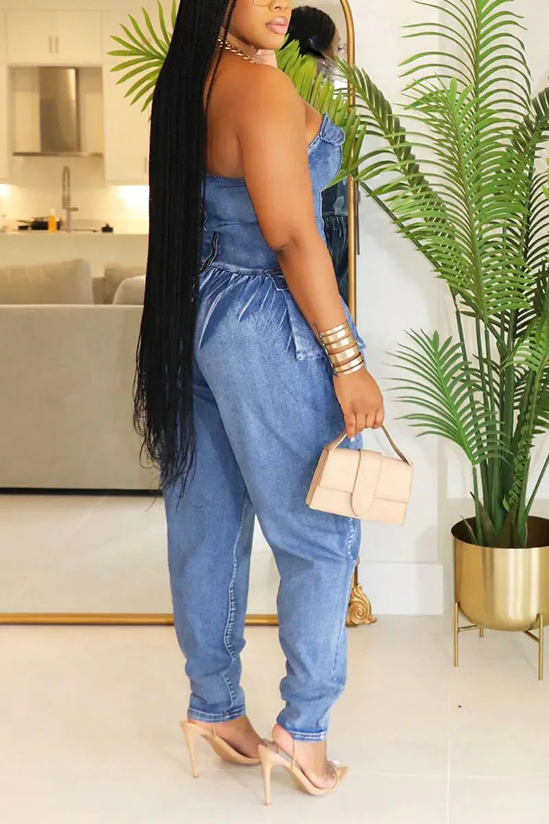 Women's Strapless Corset Balloon Leg Denim Jumpsuit