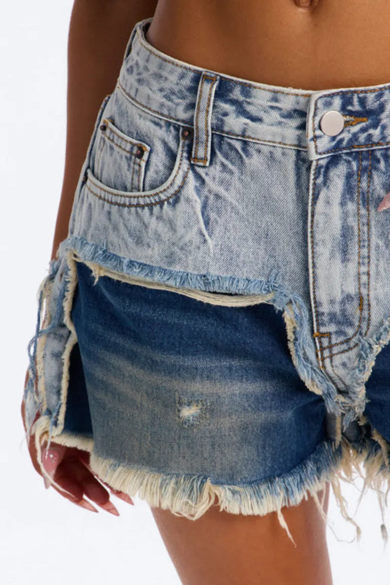 Women Fringed Patchwork Casual Denim Short