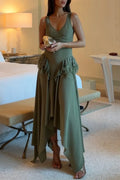 Women's Elegant Side Pleated Patchwork Asymmetric Hem Dress