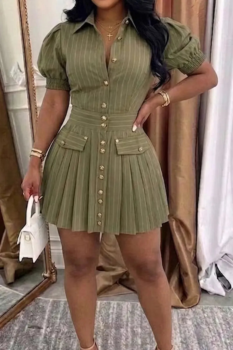 Women's Striped Puff Sleeve Cropped Commuter Dress