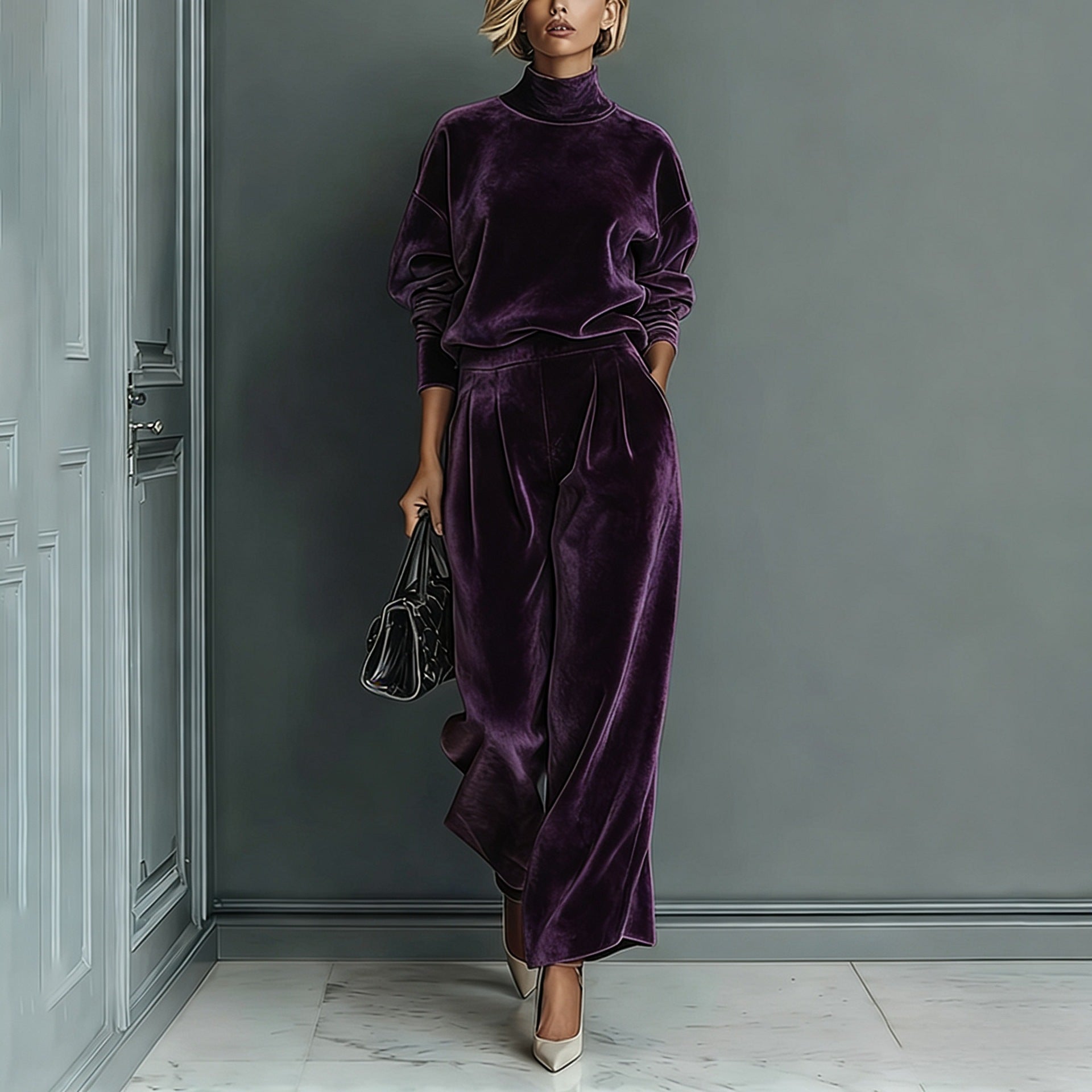 Velvet Cloud Oversized Co-ord Set: Luxe Turtleneck & Tailored Wide-Leg Pants