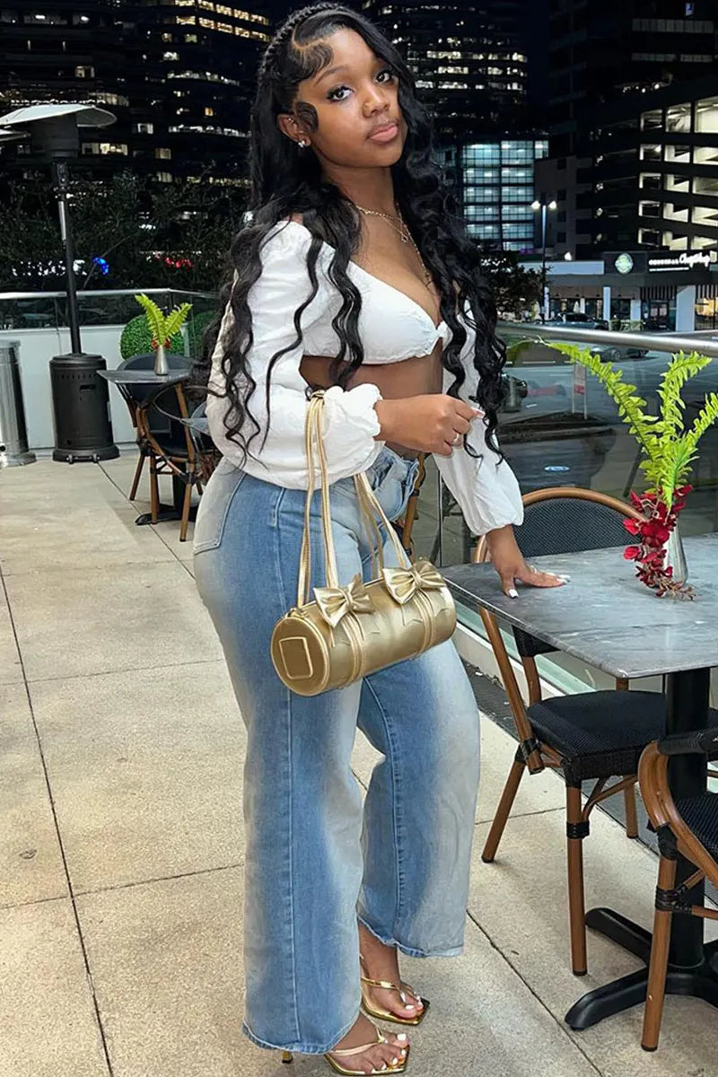 Fashionable Washed Denim Wide Leg Jeans For Women