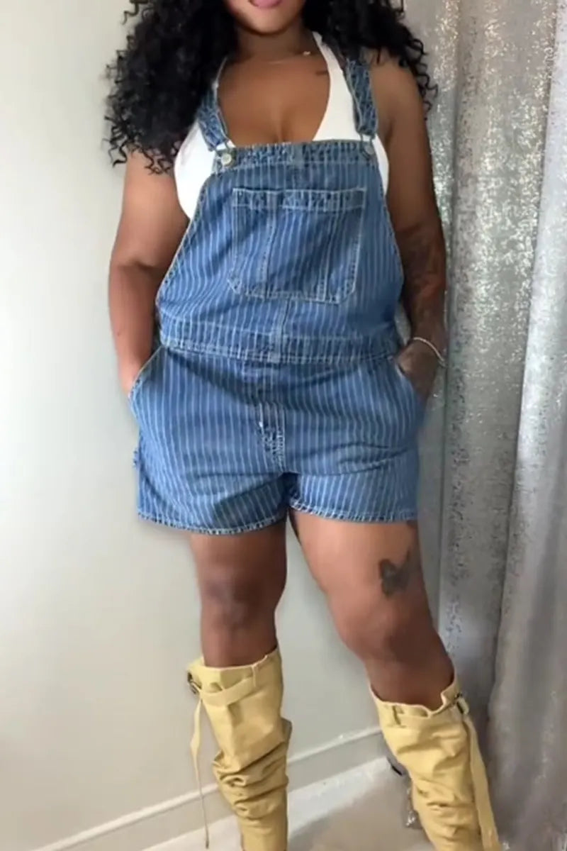 Women's Printed Striped Color Block Short Loose Denim Overalls