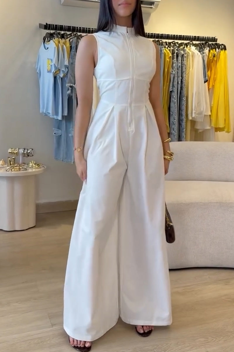 Women's Round Neck Sleeveless Zipper Splicing Solid Color Casual Jumpsuit
