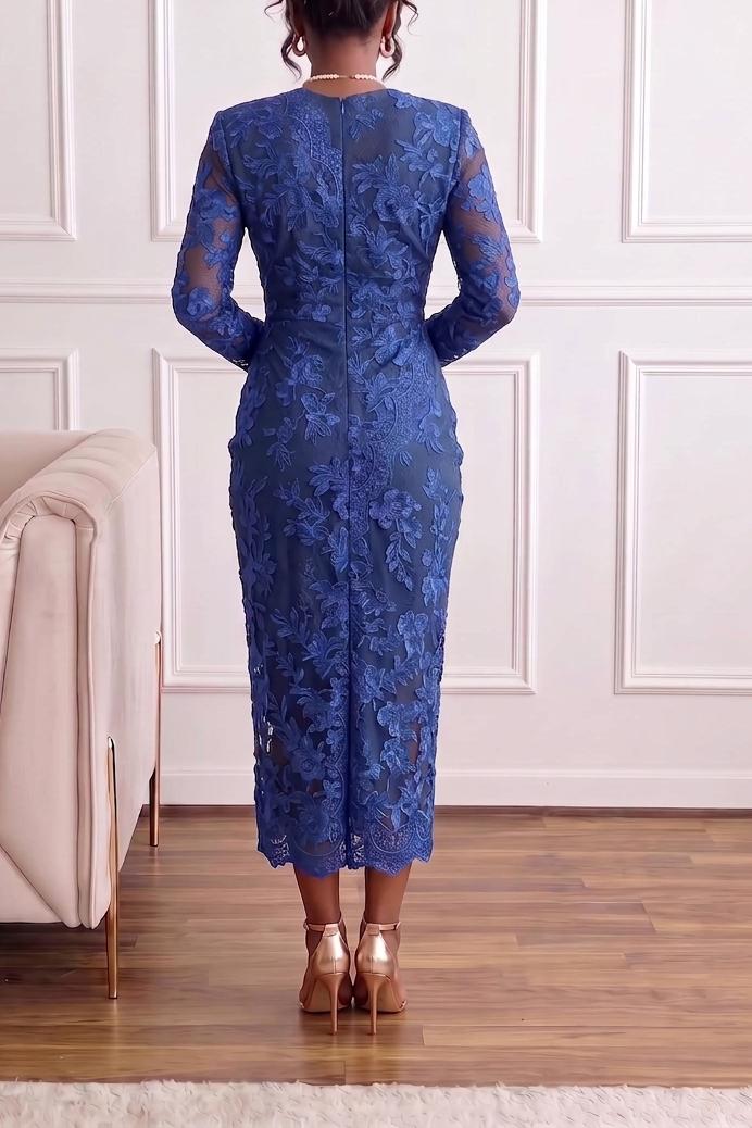 Women's Elegant Floral Lace Midi Dress Long Sleeve Scalloped V-Neck Ruched Slit Bodycon Cocktail Party Mother of the Bride Dress