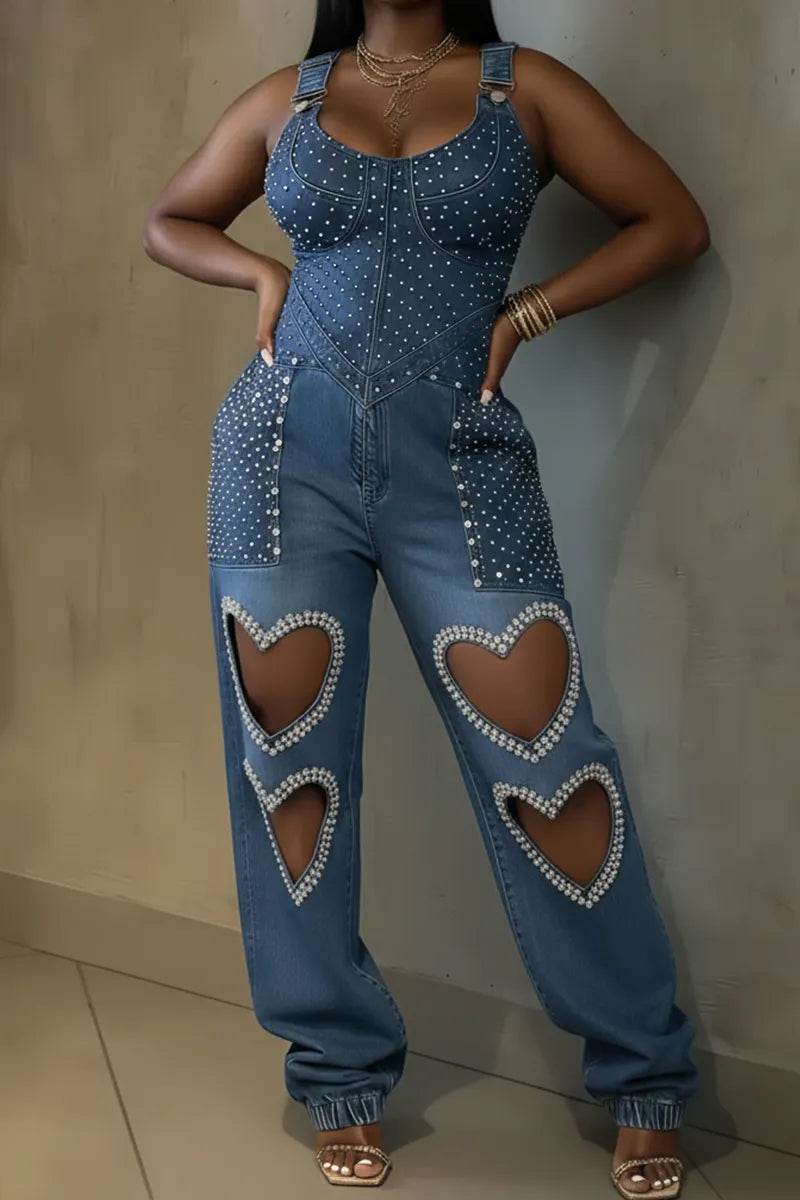 Women's Casual Heart-Shaped Hollow-Out Rhinestone Denim Jumpsuit