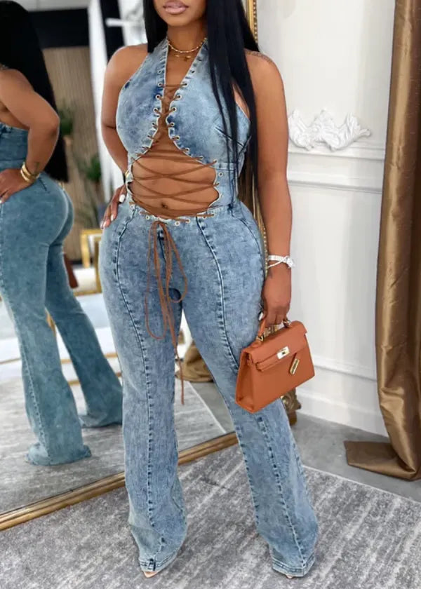 Women's Strappy Fit Sexy Denim Jumpsuit