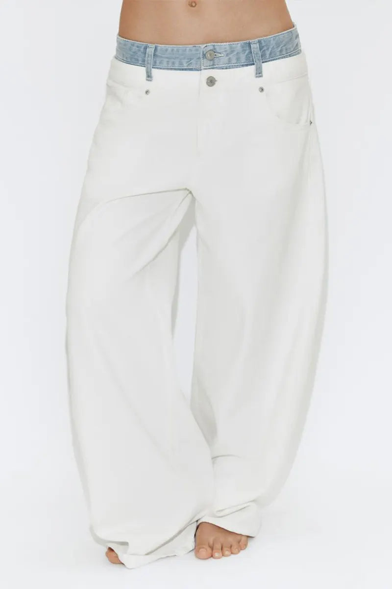 Women's Casual Color Blocked Wide Leg Jeans With Pockets