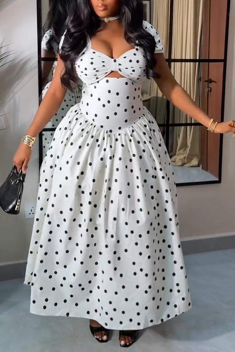 Women's Vacation Waist Cinching Pleated Polka Dot Maxi Dress