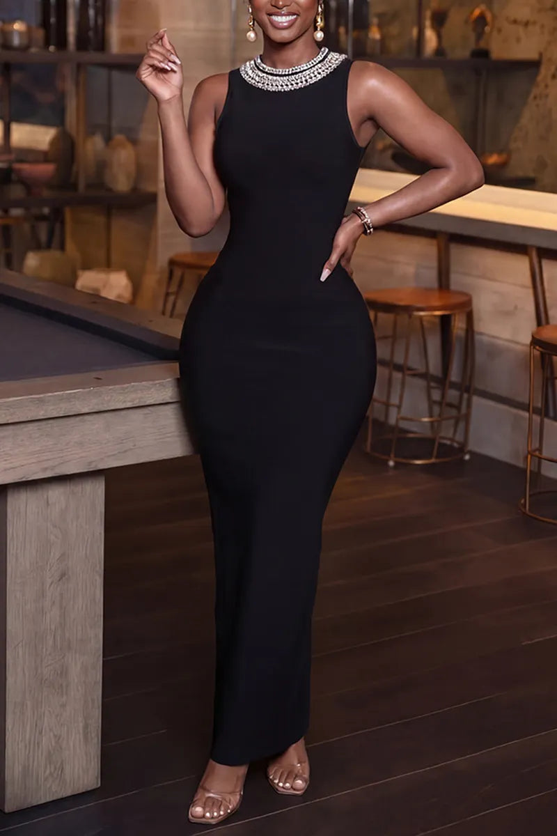 Women's Elegant Party Rhinestone Open Back Maxi Dress