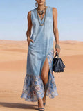 Women's V-neck Sleeveless Casual Loose Denim-paneled Dress