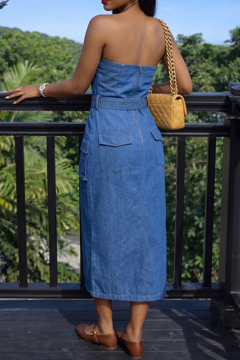 Women's Casual Bustier Cargo Pocket Denim Dress with Belt