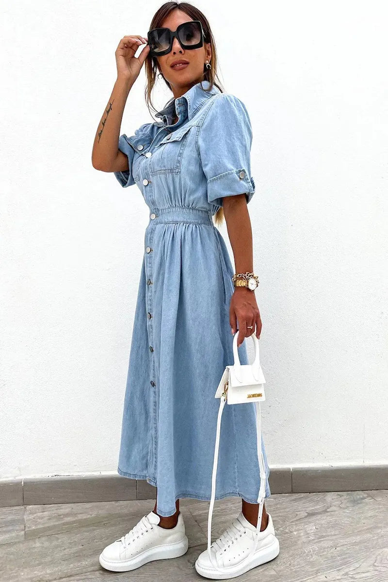 Fashion Lapel Waist Cinching Denim Dress