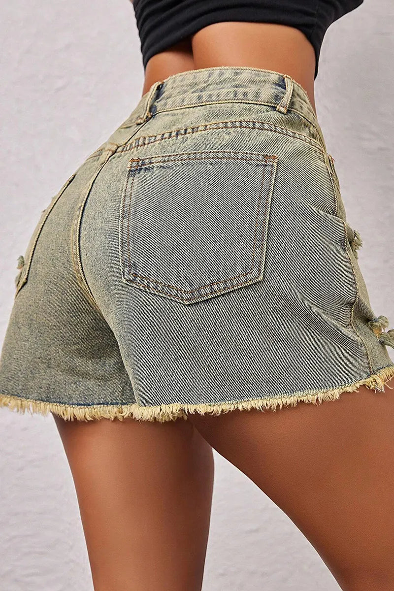 Women's Vintage Washed Ripped Raw Hem High Waist Denim Shorts