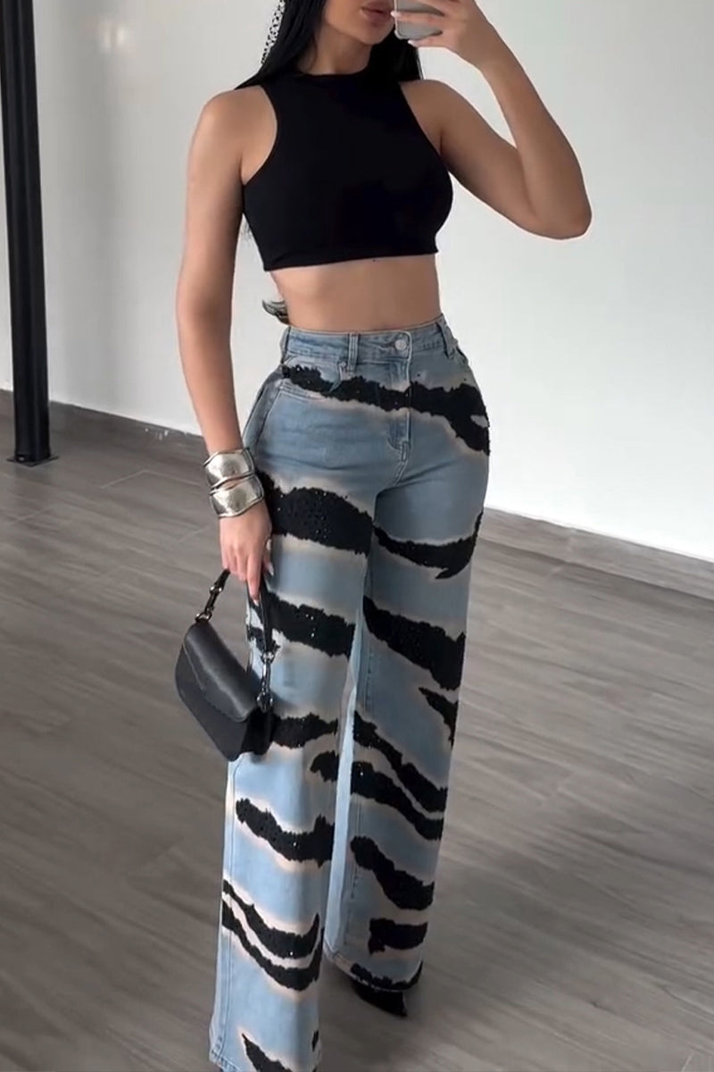 Women's Fashion Pattern Rhinestone Decoration Wide Leg Jeans