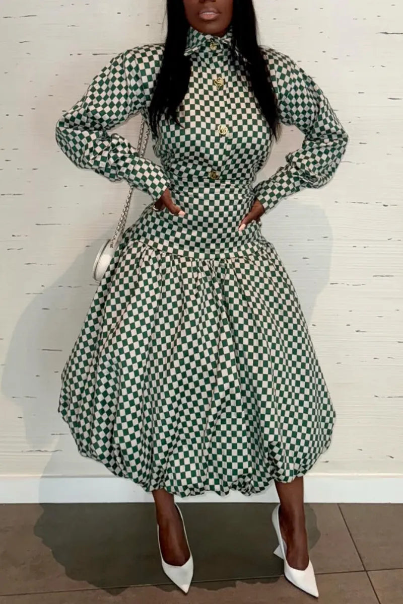 Women Collar and Waist Cinched Plaid Elegant Temperament Dress
