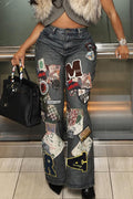 Women's Casual Pattern Letter Patch Wide Leg Jeans