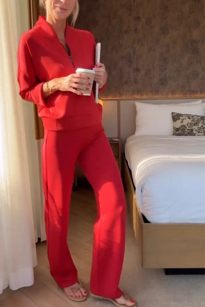 Women's Round Neck Half Zipper Top+ Pants Casual Suit