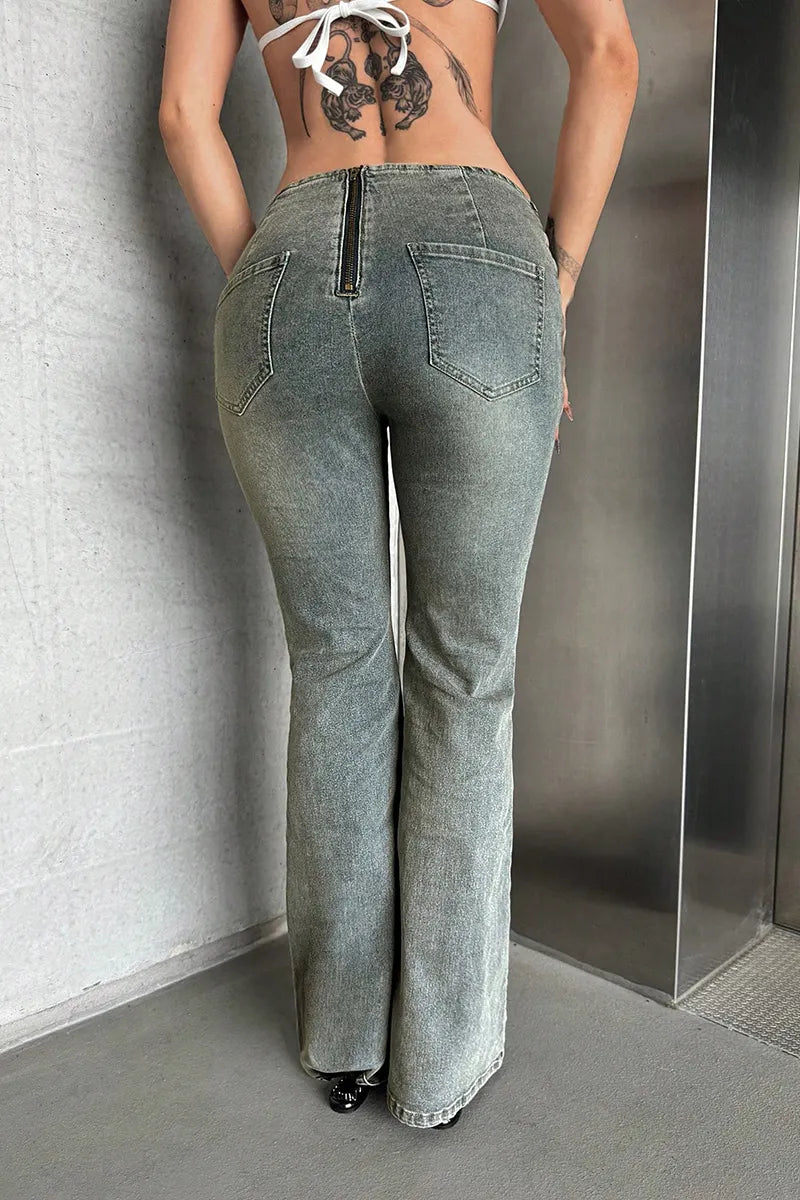 Women's Vintage Studded Tie Waist Mid Rise Jeans