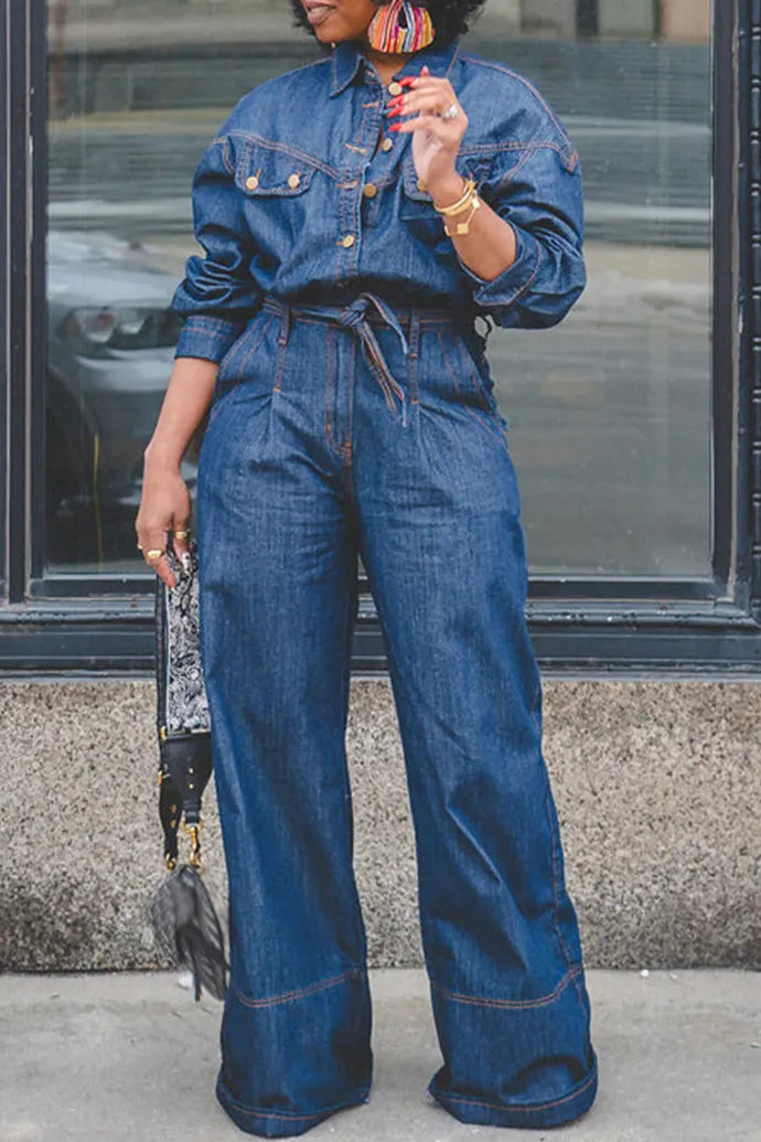 Women's Casual Versatile Loose Button Front Denim Jumpsuit