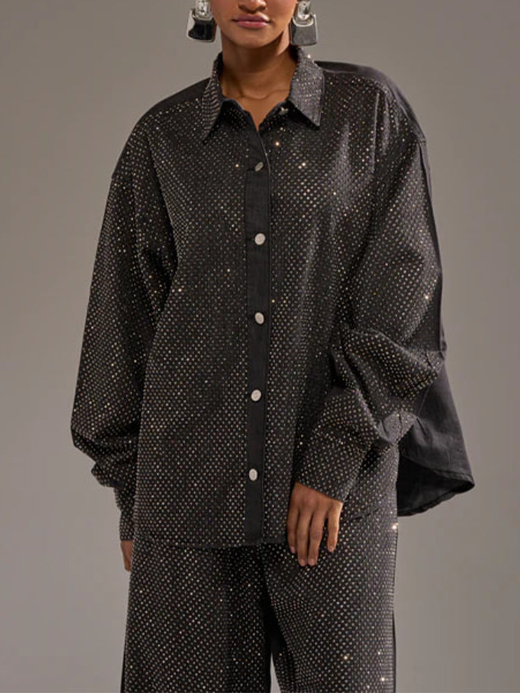 Women Collar Hot Stamping Diamond Temperament Casual Shirt