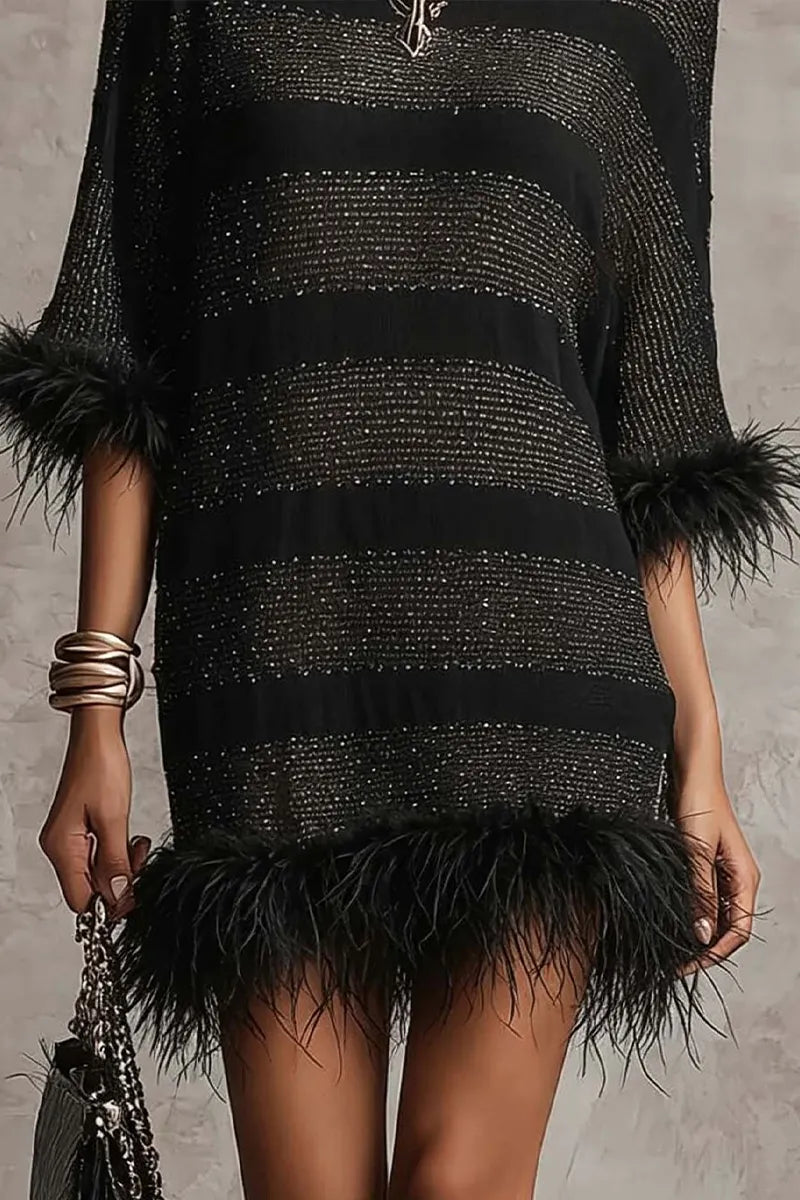 Women's Round Neck Rhinestone Splicing Wool Strip Elegant Casual Dress