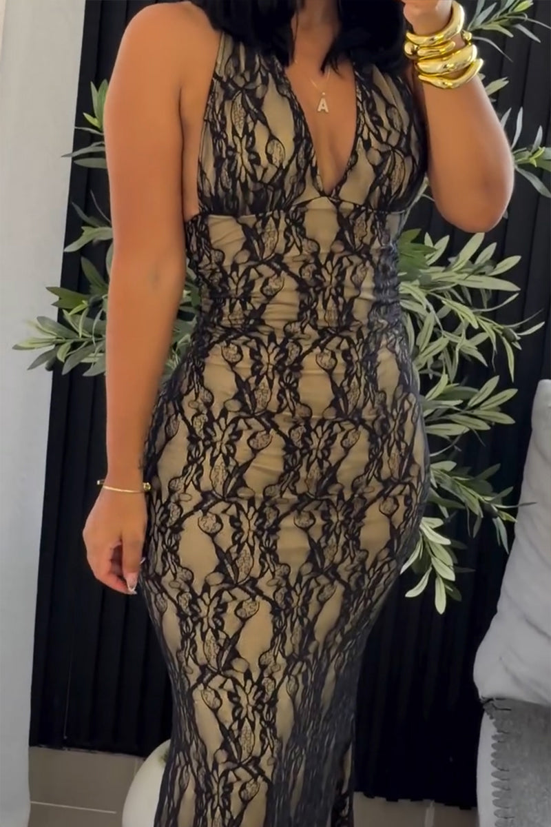 Women's Elegant Lace Slim Halter Maxi Dress