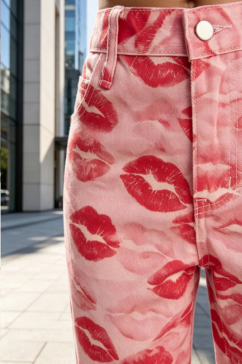 Women's Lip Print Casual Wide Leg Jeans