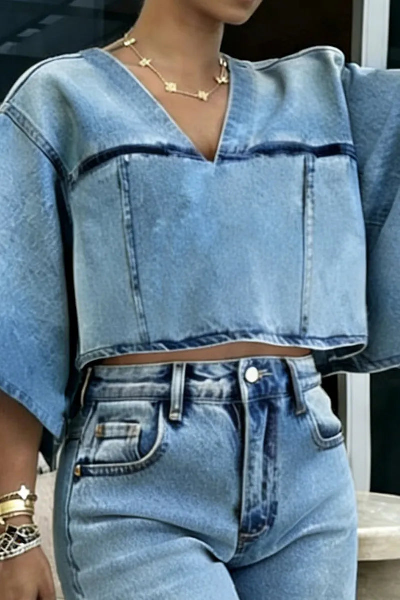 Women's Casual Loose-Fit Color-Block Denim Top & Short Jeans