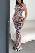 Women's Casual Print Patchwork Pleated Slim Maxi Dress