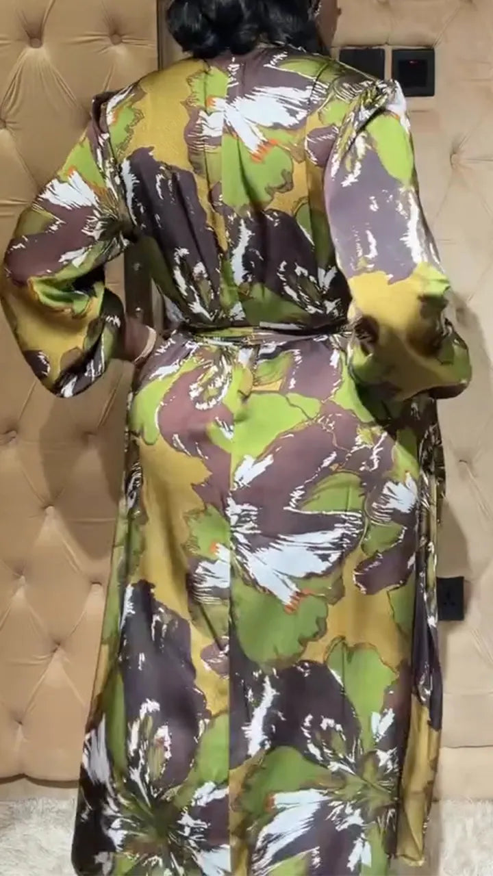 Women Round Neck Printed Waist Cinching Casual Dress