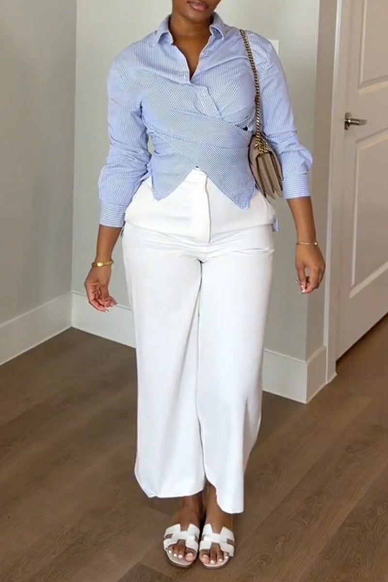 Women Collar Solid Color Shirt or Wide Leg Pants