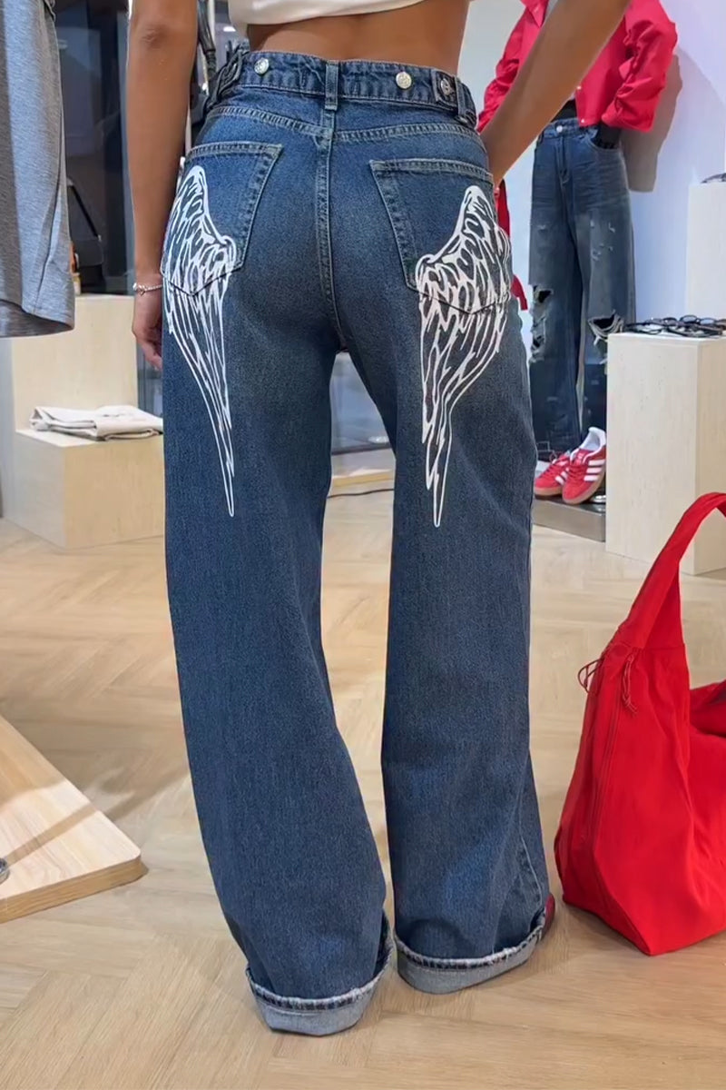Women's Wing Printed Casual Washed Jeans