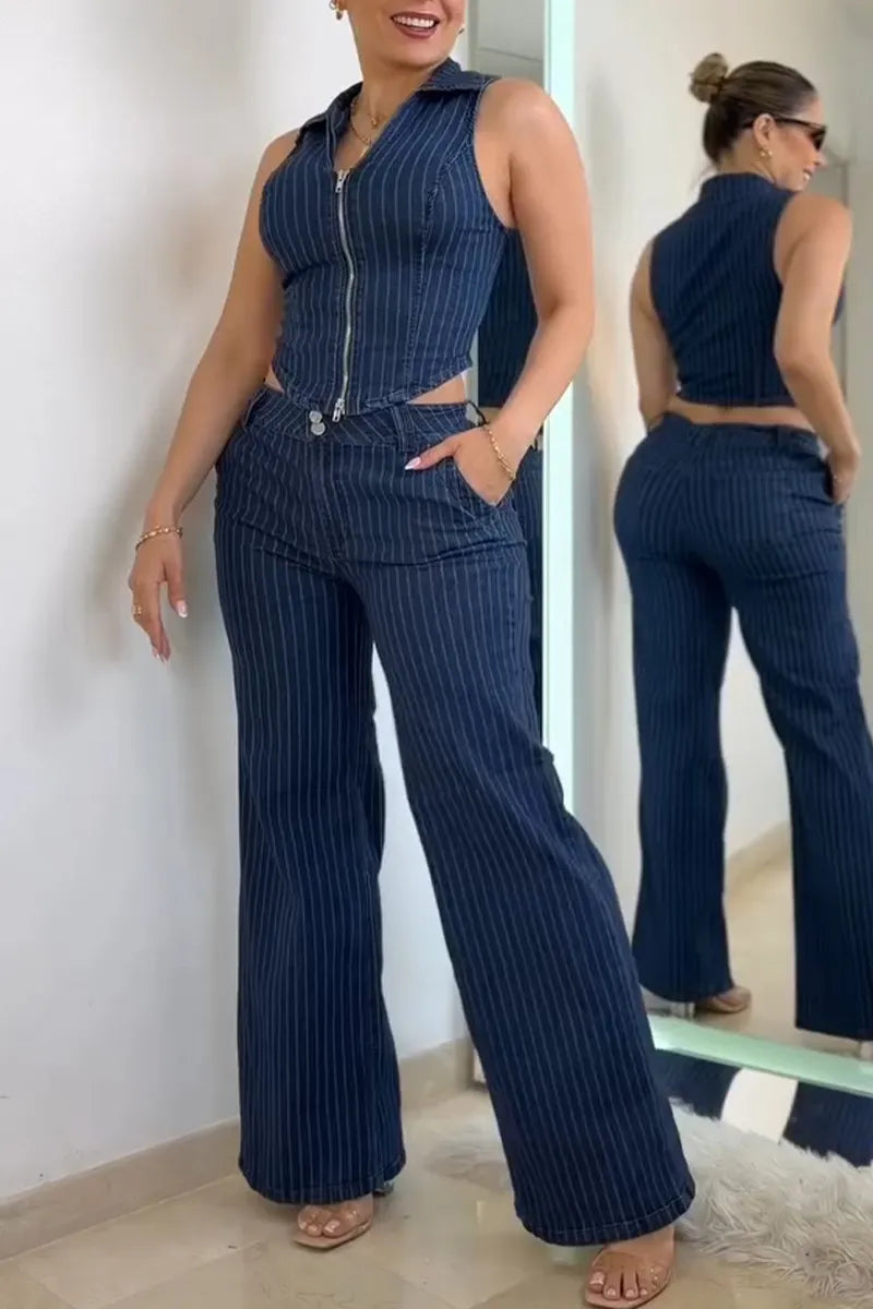Women's Casual Stripe Zipper Vest or Wide Leg Jeans