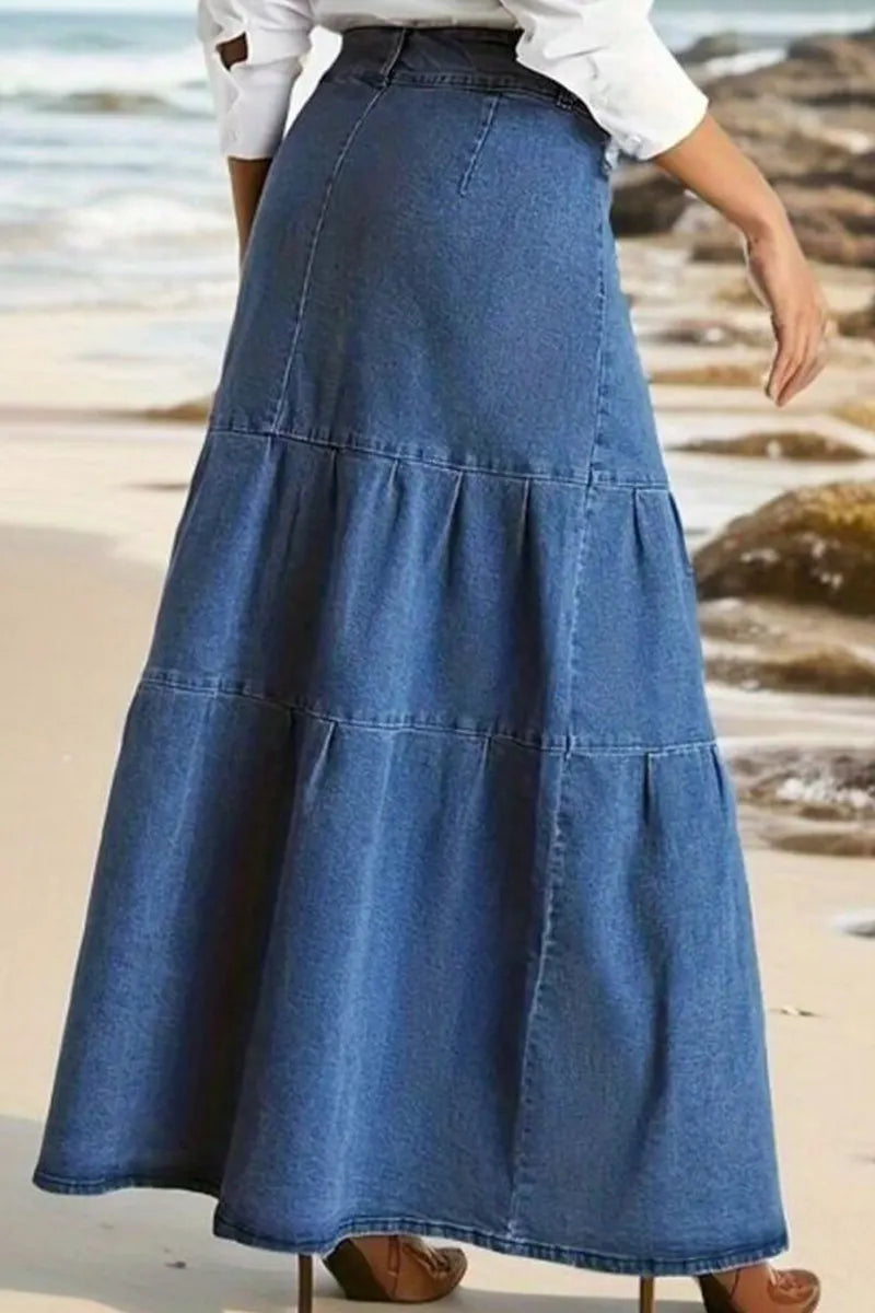 Women Fashion Slit Washed Denim Skirt
