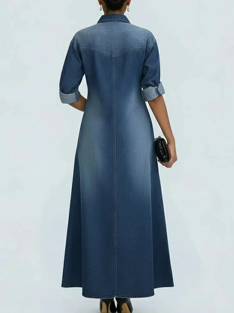 Women's Lapel Long-sleeved Button Casual Loose Denim Shirt Dress