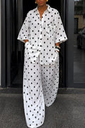 Women's Casual Loose Polka Dot Shirt Wide Leg Pants Two-Piece Set
