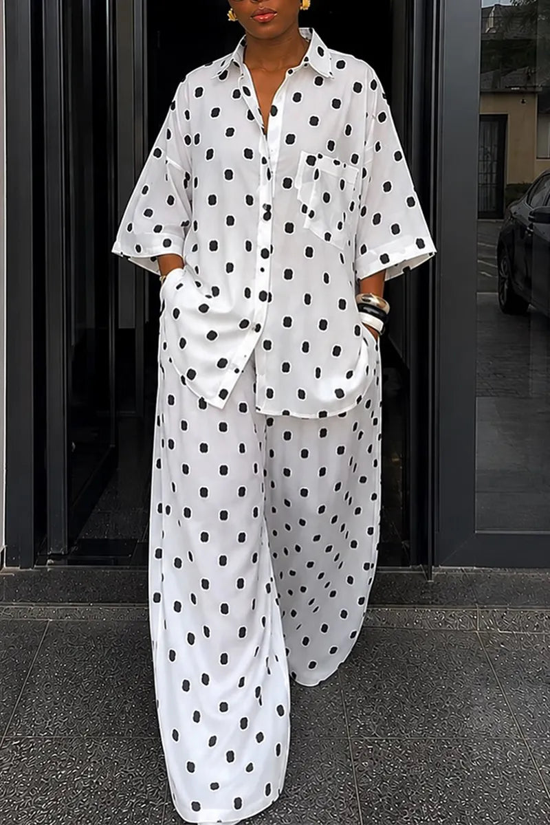 Women's Casual Loose Polka Dot Shirt Wide Leg Pants Two-Piece Set
