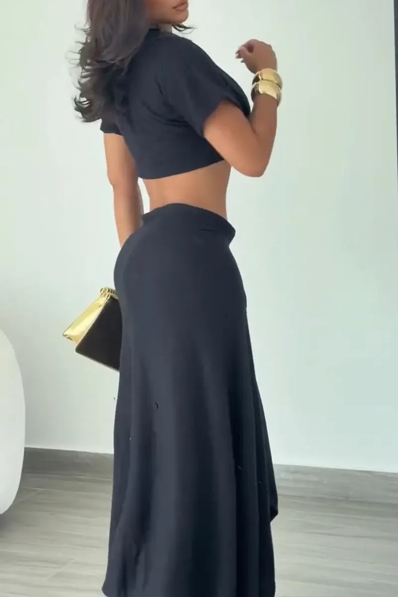 Women's Casual Short Top Asymmetric Hem Skirt Two-Piece Set