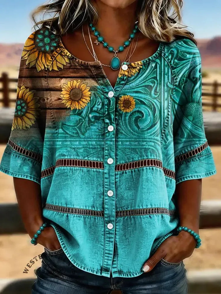 Women's Retro Floral Print Casual Hollow-out Denim Shirt