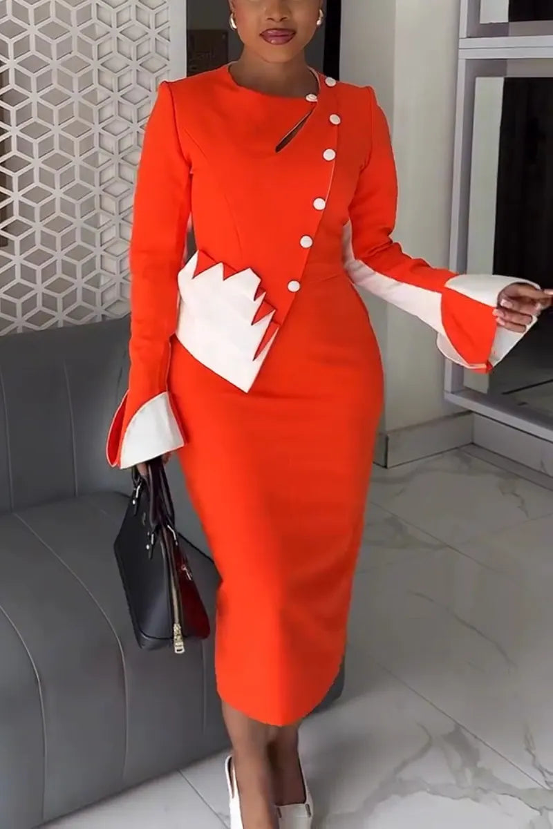 Women Round Neck Patchwork Elegant Temperament Formal Commuting Dress