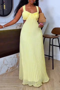Women's Square Neck Pleated Patchwork Back Hollow Elegant Temperament Dress